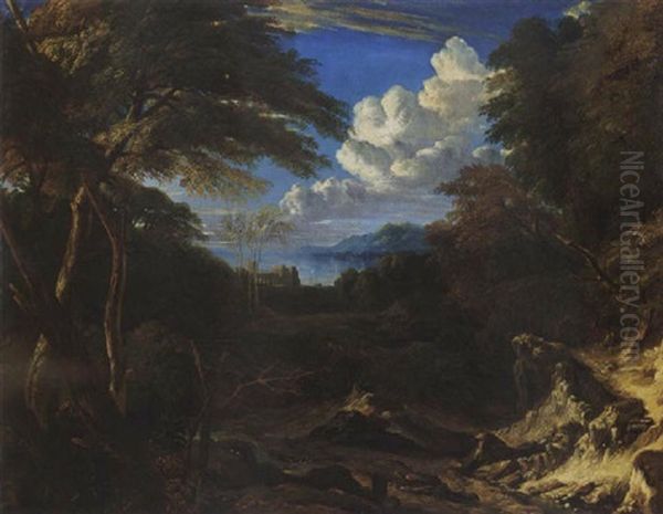 An Italianate Wooded Dune Landscape With A Bay Beyond - view 1