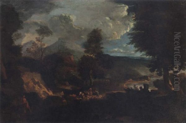 Berglandskap Med Herdar, Herdinna Och Boskop - view 1