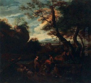 A Classical Wooded Landscape With Shepherds And Their Herd Near A River by Cornelis Huysmans