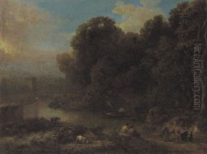 Bewaldete Flusslandschaft Mit Hirten Und Angler In Einem Boot by Cornelis Huysmans