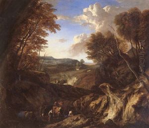 A Hilly Wooded Landscape With Peasants And Cattle At A Watering-hole by Cornelis Huysmans