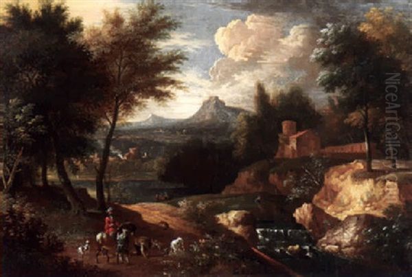 Sudliche Landschaft Mit Burg, Wasserfall Und Hirten - view 1