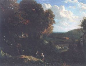 A Wooded Landscape Wtih Figures Conversing In The Foreground by Cornelis Huysmans