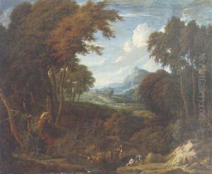 An Extensive Wooded Landscape With Herdsmen By A Stream by Cornelis Huysmans
