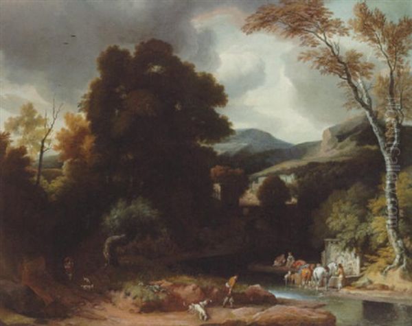 An Italianate River Landscape With A Hunting Party Resting By A Fountain - view 1