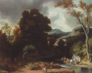 An Italianate River Landscape With A Hunting Party Resting By A Fountain by Cornelis Huysmans