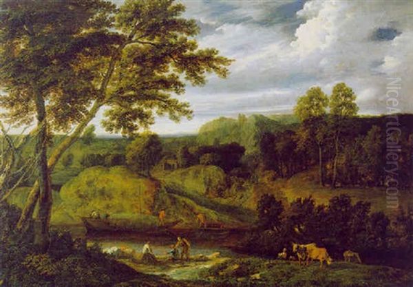 Bewaldete Gebirgige Fluslandschaft Mit Figuren - view 1
