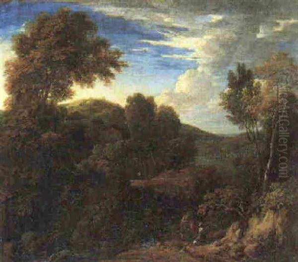 A Rocky Wooded Landscape With Figures Conversing On A Path - view 1