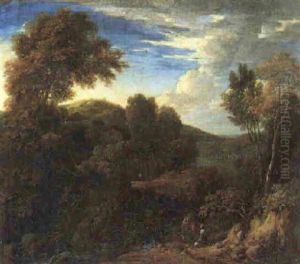 A Rocky Wooded Landscape With Figures Conversing On A Path by Cornelis Huysmans