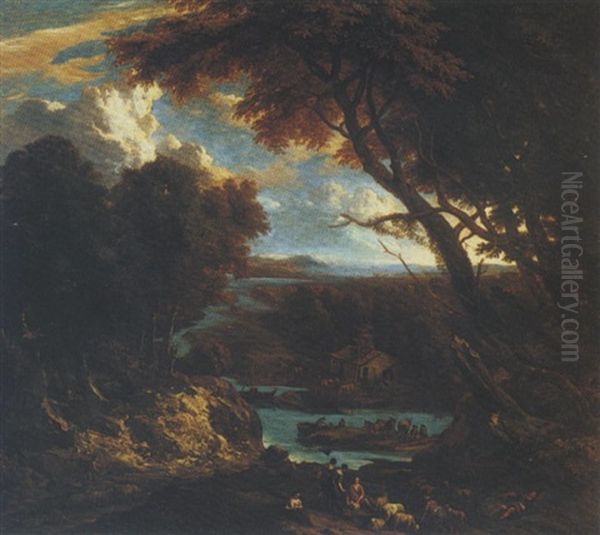 Italianate River Landscape With Figures And Cattle - view 1