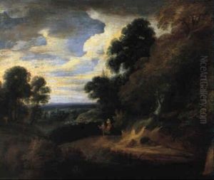 Weite, Bewaldete Landschaft Mit Reisenden Und Einem Hirten by Cornelis Huysmans