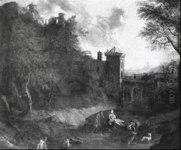 Mountainous Landscape With Figures Near A Bridge In A River Valley - view 1