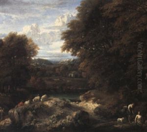 Wooded River Landscape With Figures On The Near Bank Wooded River Landscape With Figures On The Near Bank