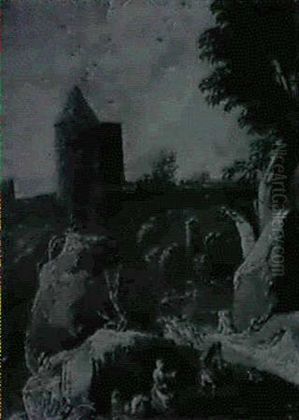 A Rocky Italianate Landscape With A Traveller And Washerwoman On A Track, A Peasant And Donkey... - view 1