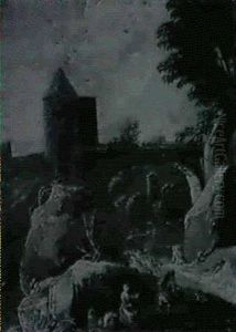 A Rocky Italianate Landscape With A Traveller And Washerwoman On A Track, A Peasant And Donkey... by Cornelis Huysmans