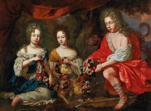 A Family Portrait Of Three Aristocratic Children With A Sheep Decorated With A Floral Wreath And A Dog A Family Portrait Of Three Aristocratic Children With A Sheep Decorated With A Floral Wreath And A Dog