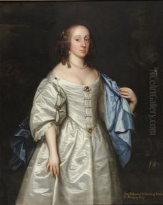 Portrait Of Ann, Viscountess Bayning, Wife Of H Murray Esqr, Standing, Three-quarter Length, Wearing A Cream Satin Dress And Blue Cloak