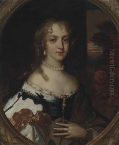 Portrait Of A Lady, Half-length, In A Blue Dress With Fur Trim, And Pearls, In A Painted Oval by Jacob Huysmans
