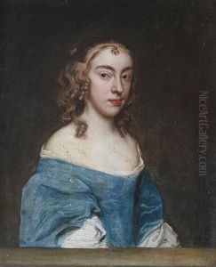 Portrait Of A Lady In A Blue Dress And A White Chemise, Seated Behind A Stone Ledge