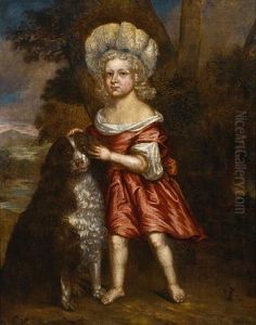Portrait Of A Young Girl, Full-length, In Red Costume With A White Chemise, A Dog At Her Feet by Jacob Huysmans