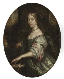 Portrait Of A Lady In An Oyster Satin Dress With Pink Sleeves, Pearl Ornaments And A Blue Wrap by Jacob Huysmans