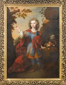 Portrait Of A Boy In Roman Dress, In A Landscape, Feeding A Parrot, Beside A Still Life Of Fruit