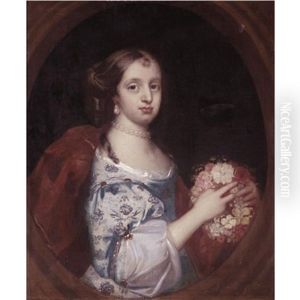 Portrait Of A Young Lady, Half Length, Wearing A Blue Embroidered Dress And Holding A Posy Of Flowers