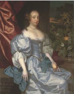 Portrait Of A Lady, Traditionally Identified As Catherine Of Braganza, Three-quarter-length, In A Light Blue Satin Dress, Holding A Lemon In Her Left Hand