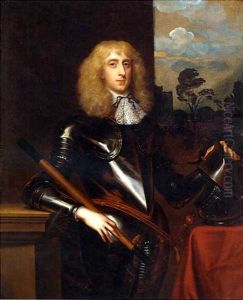 Portrait Of A Gentleman (one Of The Sons Of Sir William Cowper, Of Ratlin Court, Kent?) In Armour And White Jabot, Holding A Baton In His Right Hand, His Left Hand On His Helmet, A Landscape Beyond by Jacob Huysmans