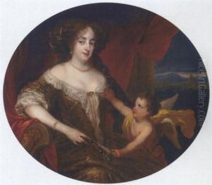 Portrait Of A Lady In A Brown Dress With Lace Collar And Cuffs, With A Cupid Beside Her, A Landscape With Pyramids Beyond