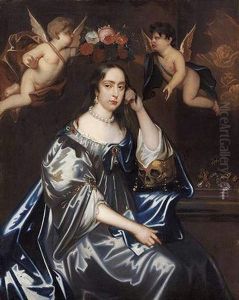 Portrait Of A Lady In A Silver Dress And Blue Mantle, Her Left Arm Resting On A Skull, Two Putti Holding A Wreath Of Flowers Above Her Head, Scattered Jewellery To Her Side by Jacob Huysmans