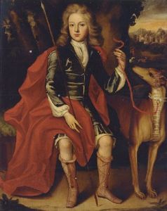 Portrait Of A Young Huntsman In A Blue Coat With A Crimson Wrap, Holding A Spear, A Hound At His Side Portrait Of A Young Huntsman In A Blue Coat With A Crimson Wrap, Holding A Spear, A Hound At His Side