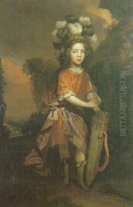 Portrait Of A Young Boy With A Quiver Of Arrows, Wearing An Ostrich Feather Headdress With A Purple Robe Around His Waist