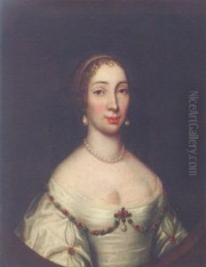 Portrait Of A Lady In A Jewelled White Dress And Pearl Necklace