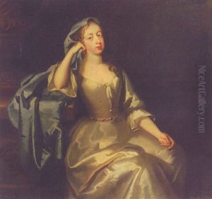 Portrait Of Mrs Tyrell, In A White Satin Dress And Blue Shawl, A Landscape Beyond