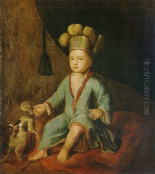 Portrait Of A Young Boy In A Blue Coat And A Plumed Hat, With A Dog - view 1