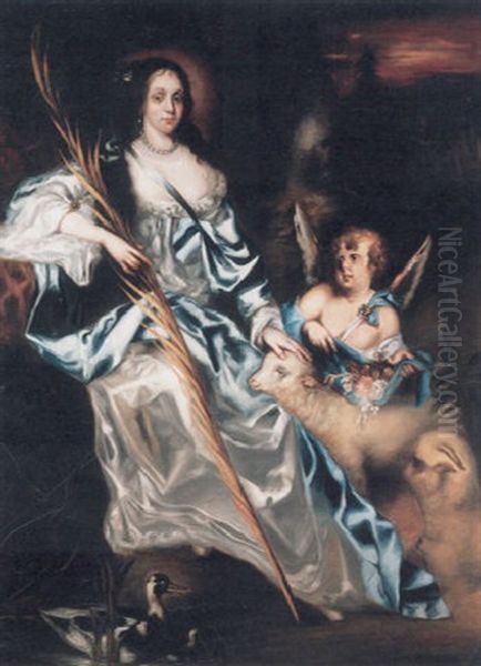 Portrait Of Queen Catherine Of Braganza As Saint Catherine, A Palm Frond In Her Right Hand, Her Left Hand Resting On A Lamb With A Putto Strewing Flowers - view 1