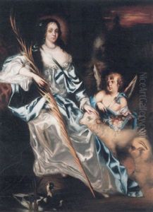 Portrait Of Queen Catherine Of Braganza As Saint Catherine, A Palm Frond In Her Right Hand, Her Left Hand Resting On A Lamb With A Putto Strewing Flowers