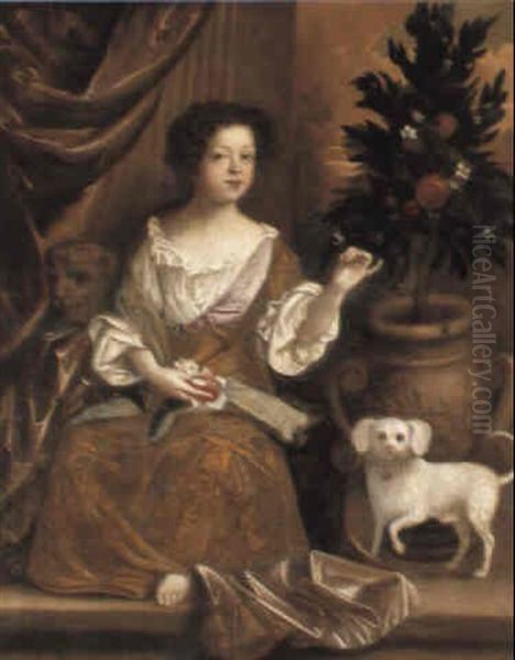 Portrait Of A Young Lady With A Dog Beside Her On A Terrace - view 1