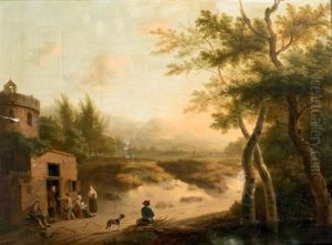 Paysans Devant Une Maison Dans Un Paysage by Jakobus Carolus Huysmans