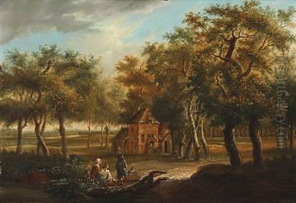 Wooded Landscape With Four Figures Sitting In The Foreground, Several Others Carrying Out The Day's Work In And Around A Cottage In A Clearing - view 1