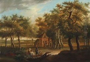 Wooded Landscape With Four Figures Sitting In The Foreground, Several Others Carrying Out The Day's Work In And Around A Cottage In A Clearing