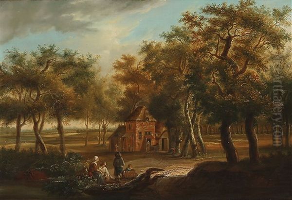 Wooded Landscape With Four Figures Sitting In The Foreground And Several Others Carrying Out The Day's Work In And Around A Cottage In A Clearing - view 1