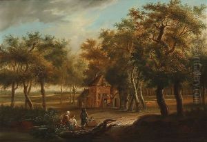Wooded Landscape With Four Figures Sitting In The Foreground And Several Others Carrying Out The Day's Work In And Around A Cottage In A Clearing by Jan Baptist Huysmans