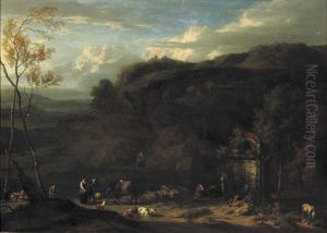 An Italianate Landscape With Peasants And Animals by Jan Baptist Huysmans