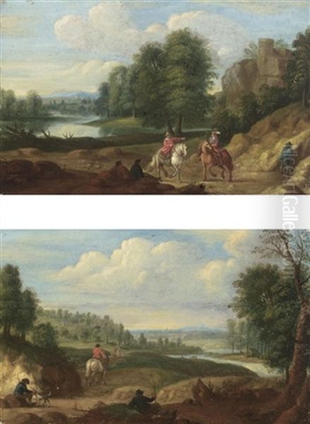 River Landscapes With Cavaliers On A Tracks (pair) - view 1