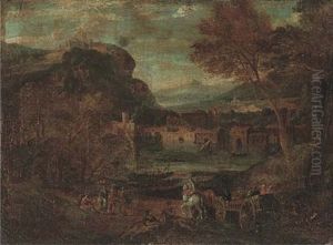 A Wooded River Landscape With With Travellers On A Track, Fisherman And Classical Buildings Beyond (+ Another, Similar; 2 Works)
