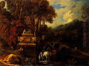 Cheveaux S'abreuvant Sur Fond De Ruines by Jan Baptist Huysmans