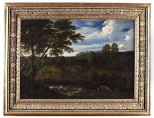 A Wooded River Landscape With Barge, Figures And Animals by Jan Baptiste Huysmans