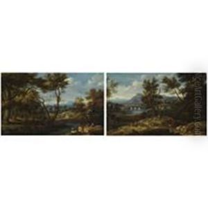 A Wooded River Landscape With Figures And Their Dogs (+ A Wooded River Landscape With Shepherds And Their Flock Resting; Pair) by Jan Baptiste Huysmans